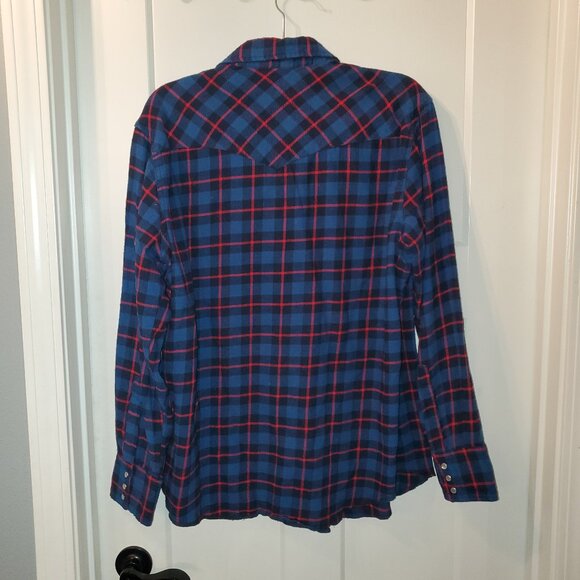 Wrangler Men's Large Pearl Snap Long Sleeve Blue/Red Plaid Flannel Shirt - Picture 4 of 6